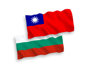 National vector fabric wave flags of Bulgaria and Taiwan isolated on white background. 1 to 2 proportion.