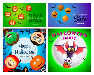 Halloween sale green, blue banner set with monsters, balloons