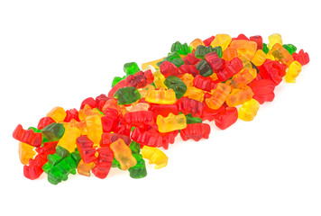 Heap of jelly bears or gummy bears isolated on white background, candies.