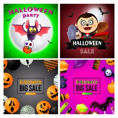 Halloween sale vinous, gray banner set with vampire, balloons