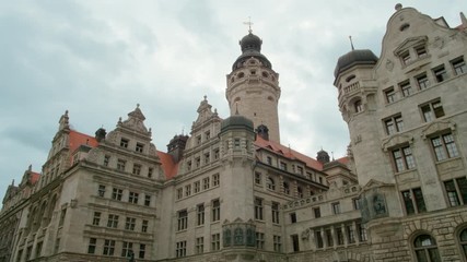 New Town Hall - Neues Rathaus - Monumental Building in style of German Late Renaissance in Leipzig's Old Town, Germany, Europe. 4K Background Panning Low Angle Shot