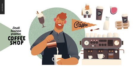 Coffee shop - small business illustrations - barista - modern flat vector concept illustration of a young man wearing apron pouring whipped milk into the coffee mug, coffee maker, elements - obrazy, fototapety, plakaty