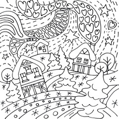 Christmas houses in the winter snow spruce forest with snowflakes, stars, heart.Pattern coloring book page for adults and kids. Flat illustration for card, flyer, gift