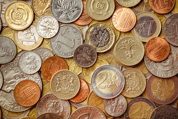 Background of Euro coins money.United kingdom Pound coin.US coins.Group of coins