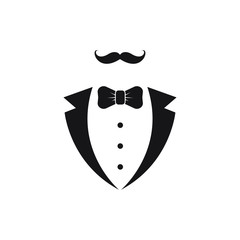 Gentleman avatar isolated on white background. bow tie with buttons and black suit or tuxedo. Party, gala evening, ball, wedding symbol. Vector illustration