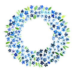 Flower round composition. A wreath of forget-me-not, hand-drawn, watercolor. Place for text. Perfect for greetings, invitations, announcements, web design.