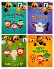 Fototapeta premium Halloween party green, orange banner set with monsters, balloons. Halloween, October, trick or treat. Lettering can be used for greeting cards, invitations, announcements