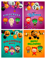 Obraz na płótnie Canvas Halloween party violet, blue banner set with monsters, balloons. Halloween, October, trick or treat. Lettering can be used for greeting cards, invitations, announcements
