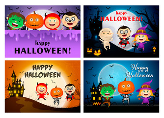 Happy Halloween blue, violet, orange banner set with monsters. Halloween, October, trick or treat. Lettering can be used for greeting cards, invitations, announcements
