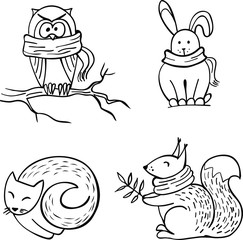 Set of doodle autumn animals isolated on white. Squirrel, hare, owl, cat. Vector illustration. Perfect for coloring book, greeting card, print.