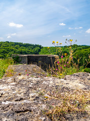 At the ruins of Schoenecken Castle in Schoenecken, Rhineland-Palatinate Germany. partial view against the sunny summer sky