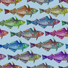 akwarela kolorowe ryby niebieskie tło