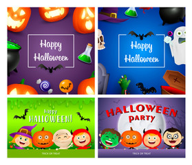 Happy Halloween violet, blue banner set with monsters, pumpkins. Halloween, October, trick or treat. Lettering can be used for greeting cards, invitations, announcements