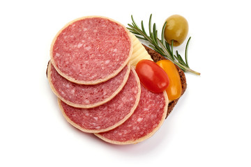 Raw smoked sausage sandwich with herbs and spices, isolated on white background