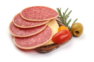 Raw smoked sausage sandwich with herbs and spices, isolated on white background