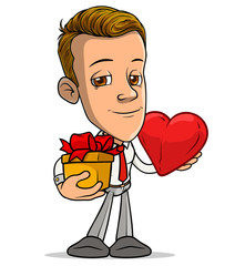 Cartoon brunette standing funny smiling boy character holding red heart and giftbox. Isolated on white background. Vector icon.