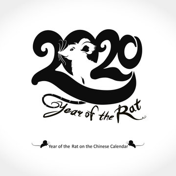Year of the rat 2020 logo design. Pretty white rat in a circle 2020. Vector template with the inscription 2020 and Rat. New Year on the Chinese calendar.