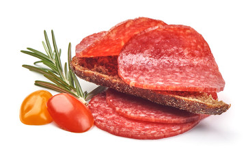 Smoked salami sandwich with herbs and spices, isolated on white background