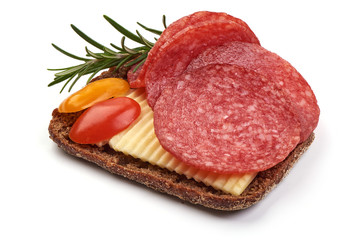 Smoked salami sandwich with herbs and spices, isolated on white background