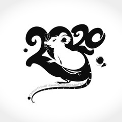 Year of the rat 2020 logo design. Flat symbol 2020. Charming white rat in a circle. Vector template with the inscription 2020 and Rat. New Year on the Chinese calendar.