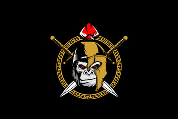 gorilla head with broken spartan helmet and sword cartoon vector template © infernal  kiss