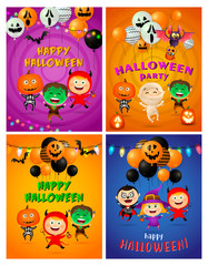 Halloween party orange banner set with balloons, monsters. Halloween, October, trick or treat. Lettering can be used for greeting cards, invitations, announcements
