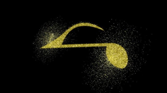 Gold Musical Note Vertical. Elegant gold sparkle particles forming a music note, balancing on black background, vertical format.
