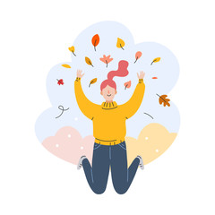 Vector illustration of girl female character smiling and throwing autumn red and yellow leaves in a forest or park in autumn. Hand drawn cartoon illustration, composition for greeting card, banner.