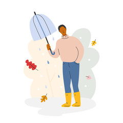 Vector illustration of male character holding a dripping umbrella in a forest or park in autumn. Hand drawn cartoon illustration, composition for greeting card, banner or print poster.