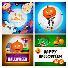 Happy Halloween blue, brown banner set with frankenstein, bat. Halloween, October, trick or treat. Lettering can be used for greeting cards, invitations, announcements