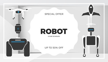 Modern robot technology vector banner template. Creative background with stylish robotic machine, drone, autonomous vehicle, smart home assistant. Future concept design