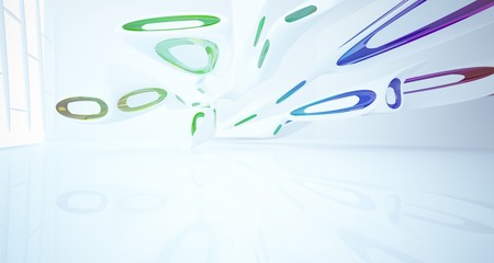 Abstract architectural white and glass gradient color smooth interior of a minimalist house with large windows.. 3D illustration and rendering.