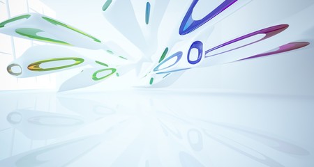 Abstract architectural white and glass gradient color smooth interior of a minimalist house with large windows.. 3D illustration and rendering.