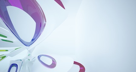 Abstract architectural white and glass gradient color smooth interior of a minimalist house with large windows.. 3D illustration and rendering.