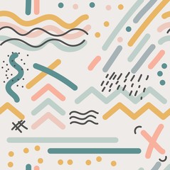 Abstract seamless pattern of geometric optimistic figures vector illustration. Multicolored lines drawn in yellow pink and blue pastel tones on light background