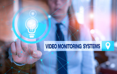 Text sign showing Video Monitoring Systems. Business photo showcasing Surveillance Transmit capture Image to Digital Link Female human wear formal work suit presenting presentation use smart device