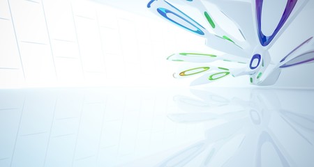 Abstract architectural white and glass gradient color smooth interior of a minimalist house with large windows.. 3D illustration and rendering.