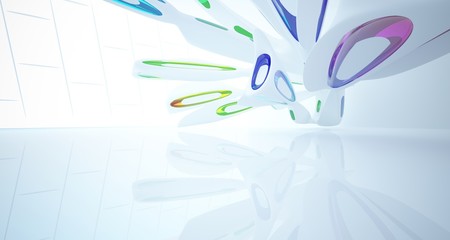 Abstract architectural white and glass gradient color smooth interior of a minimalist house with large windows.. 3D illustration and rendering.