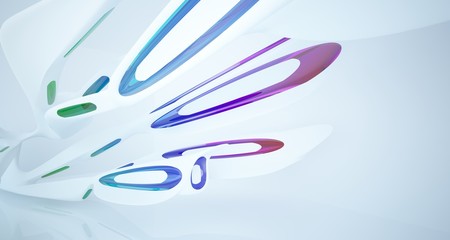 Abstract architectural white and glass gradient color smooth interior of a minimalist house with large windows.. 3D illustration and rendering.