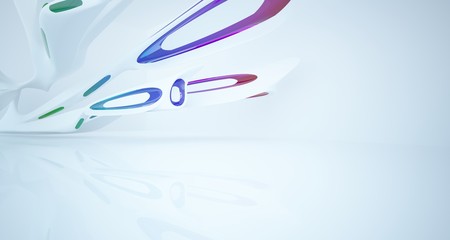 Abstract architectural white and glass gradient color smooth interior of a minimalist house with large windows.. 3D illustration and rendering.