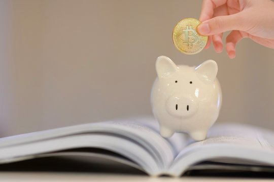 The girl put a bitcoin into the white piggy bank on text book, saving for education