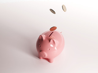 Gold coins falling in piggy bank. Pink toy on white background. New Year Symbol of profit and growth. Realistic vector object for advertising sale. Investment income in real estate and banking
