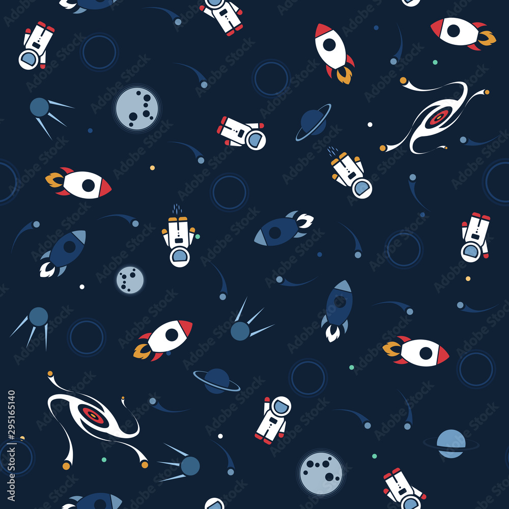 Wall mural space seamless pattern vector background. cute design template with astronaut, spaceship, rocket, mo