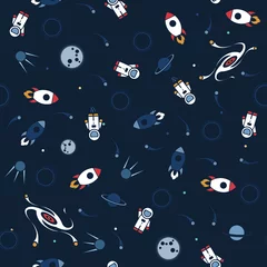 Sierkussen Ruimte naadloze patroon vector achtergrond. Leuke ontwerpsjabloon met astronaut, ruimteschip, raket, maan, zwart gat en sterren © Premium_art
