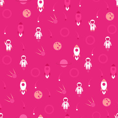 Space seamless pattern vector background. Cute design template with Astronaut, Rocket, Moon and Stars