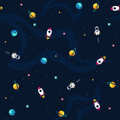 Space seamless pattern vector background. Cute design template with Astronaut, Rocket, Moon, Planets and Stars