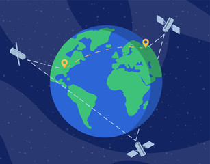 Global satellite network flat vector illustration. International communication technology, wireless information transfer cartoon concept. Telecommunication equipment, space probes and planet