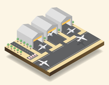 Airport runway, airfield isometric vector illustration. Modern air transportation business, aviation industry, commercial airline 3D design element. Passenger, cargo planes, hangars and ambulance cars