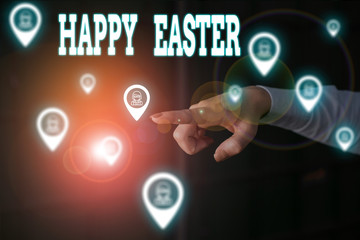 Writing note showing Happy Easter. Business concept for the Christian celebration of the Resurrection of Christ Woman wear formal work suit presenting presentation using smart device