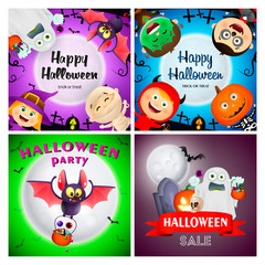 Happy Halloween green, violet banner set with bat, ghost. Halloween, October, trick or treat. Lettering can be used for greeting cards, invitations, announcements